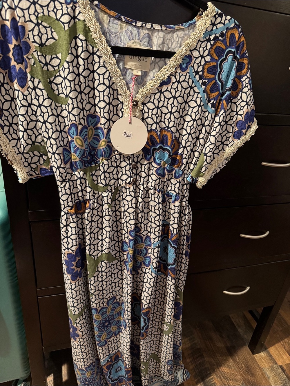 Women’s Floral Maxi Dress with Lace Trim - Blue & Green